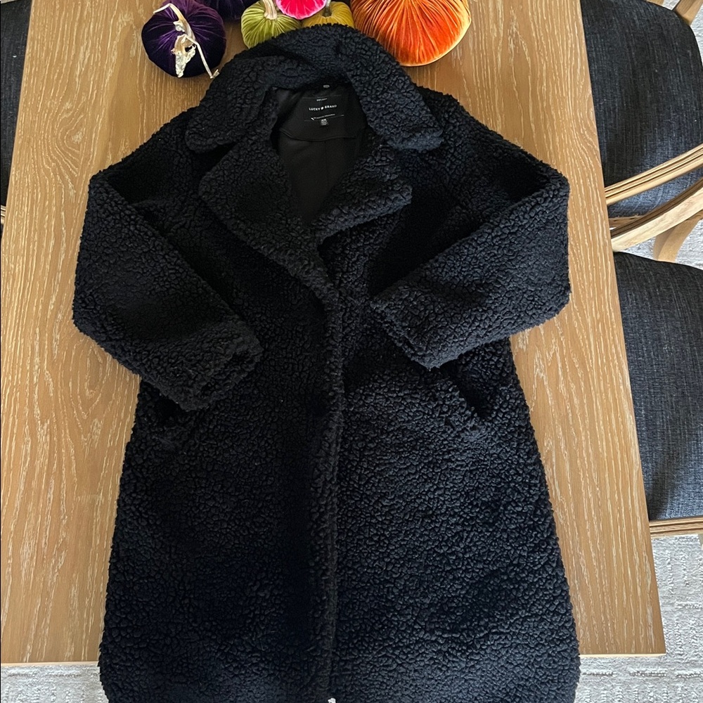 Lucky Brand Black Faux Fur Jacket Teddy Bear